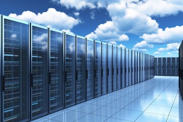 Fototapeta premium Server Room Interior: Data Center with Rows of Servers