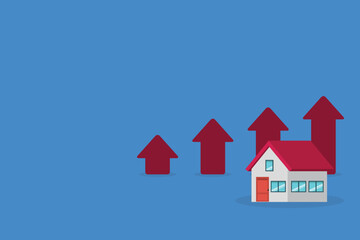 Arrows rise up above the house. The concept of growth in demand for real estate. Increase in the value of property, vector illustration	