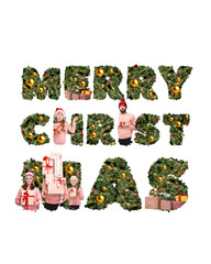 Merry Christmas phrase formed with greenery and golden ornaments, family joyfully preparing for the holiday, festive spirit and warmth. Contemporary art collage. Concept of Christmas, 2025. Postcard