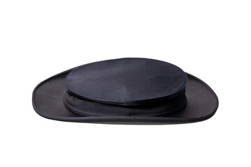 Chapeau claque. Antique black top hat. Old top hat. Folding cylinder. Cylinder hat isolated on a white background. Vintage men fashion. Clipping path.