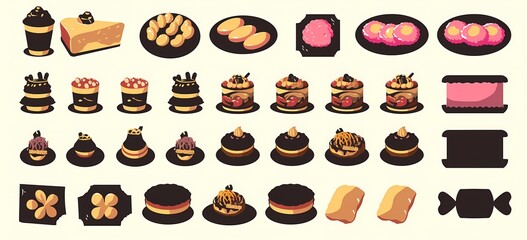 Colorful assortment of delicious desserts and pastries on dark plates.