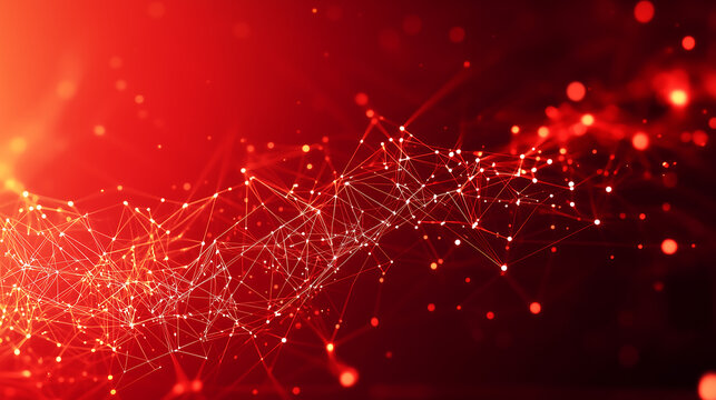 Red background, digital technology wallpaper with glowing lines and connections in the air, creating an abstract tech inspired design with red hues