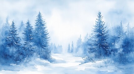 Naklejka premium A serene winter landscape featuring blue toned trees and snowy path, evoking peaceful and tranquil atmosphere.