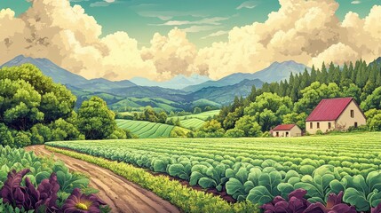 Naklejka premium Colorful digital illustration of an organic farm with abundant green crops and eco-conscious techniques