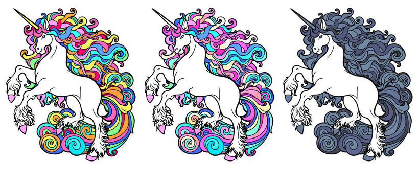 Set unicorn different color options Clipart design children products coloring books realistic flat drawing mane in rainbow colors fairy-tale animal isolated on white horse pink violet peach pony line