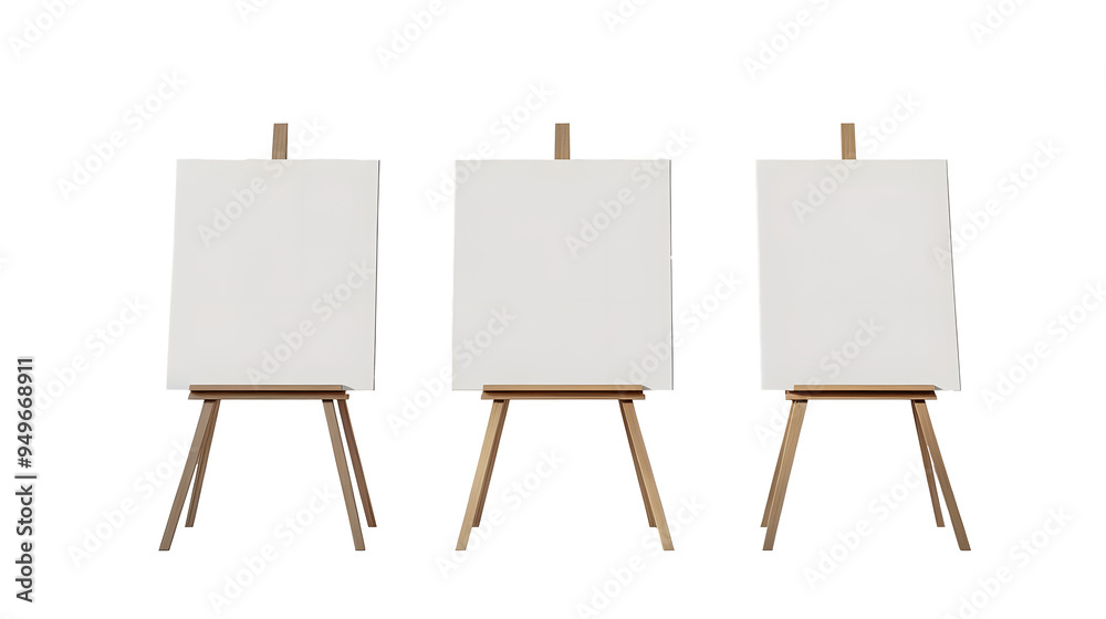 Wall mural three blank canvases on easels in a white room with natural light.