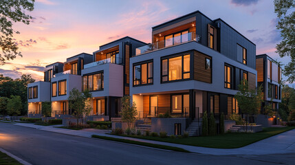 Naklejka premium Modern residential buildings with large windows at twilight in a suburban neighborhood showcasing contemporary architecture