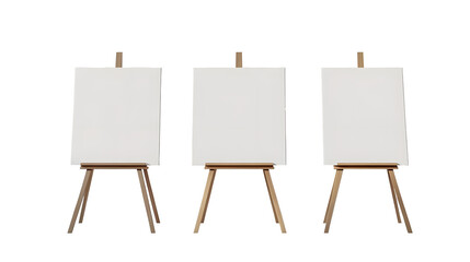 Three blank canvases on easels in a white room with natural light.