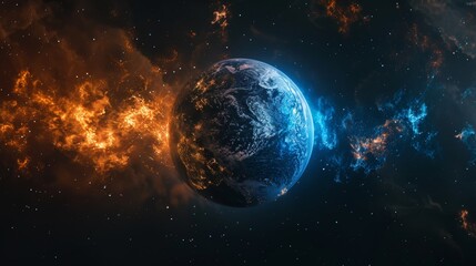 Fototapeta premium Earth in Space with Orange and Blue Nebulae
