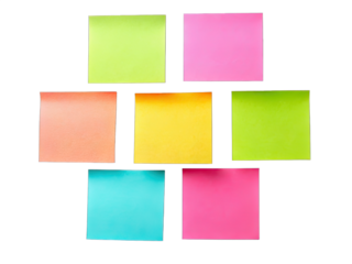 Seven sticky notes in various colors are arranged in a pattern against a white background