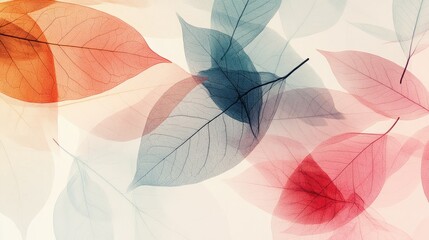 Vibrant transparent leaves in an abstract design, overlapping dynamically on a white-light grey background, creating a stunning effect