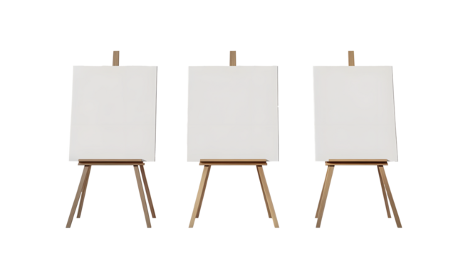 Three blank canvases on easels in a white room with natural light.