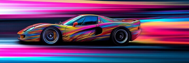 A vibrant supercar painted in a colorful abstract pattern races through a blur of neon lights, symbolizing speed, energy, creativity, and the pursuit of excitement.
