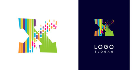 Colorful stripes transitioning into pixel-like elements fat logo template, letter X, abstract equalizer logotype for tech, creative studio, media, digital branding. Vector illustration