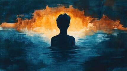 Fototapeta premium A silhouette of person in water, surrounded by vibrant colors of orange and blue, evokes sense of tranquility and introspection.