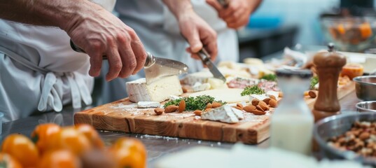 Middle Aged Friends in a Gourmet Cheese Board Cooking Class with Expert Chef Guidance