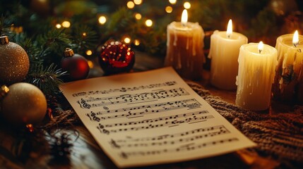 A warm and inviting scene with a Christmas carol sheet music illuminated by candlelight, symbolizing the joy and spirit of the holiday season. The sheet music suggests tradition and musical celebratio