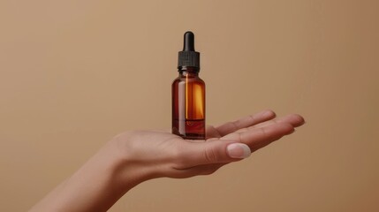 Naklejka premium Hand Holding Amber Dropper Bottle, Minimal Skincare Product