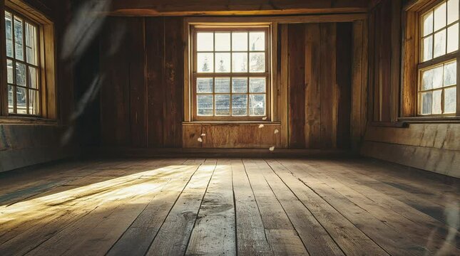Cozy empty cabin room with rustic wooden decor and warm ambiance
 seamless looping 4k time-lapse virtual video animation background. generated ai