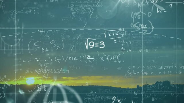 Mathematical equations and formulas animation over landscape at sunset