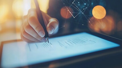 A close-up of a digital insurance contract being signed electronically on a tablet. copy space for text.