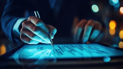 A close-up of a digital insurance contract being signed electronically on a tablet. copy space for text.