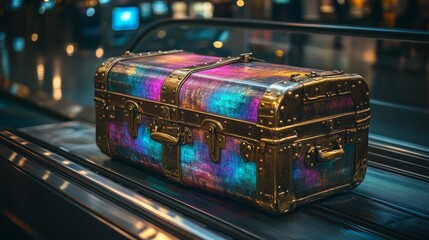 Antique trunk with brass fittings next to a holographic suitcase on an airport conveyor, contrasting styles, vibrant colors, photorealistic, futuristic tech meets nostalgia