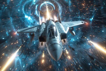 Fototapeta premium A fighter jet is flying at high speed through space, leaving a trail of fire and light.