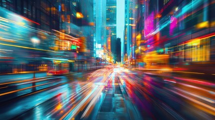 Obraz premium Abstract cityscape with blurred lights and streaking colors, capturing the fast-paced and fleeting nature of time in an urban setting.