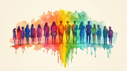Colorful silhouettes of people stand together, representing unity and diversity in vibrant watercolor style.