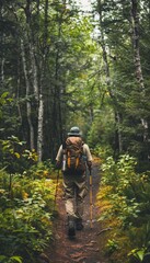 Naklejka premium Adventurous Man Hiking Through Dense Forest with Backpack and Trekking Poles for Nature Exploration