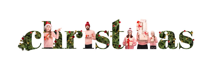 Word Christmas spelled out with festive greenery, each letter made of family preparing for...