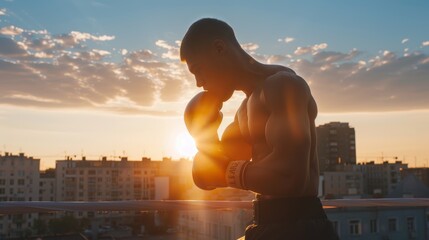 Focused Man Practicing Boxing Moves on Rooftop at Sunrise for Fitness and Motivation