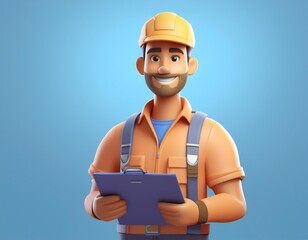 3D smiling construction worker with a clipboard, 3D render illustration
