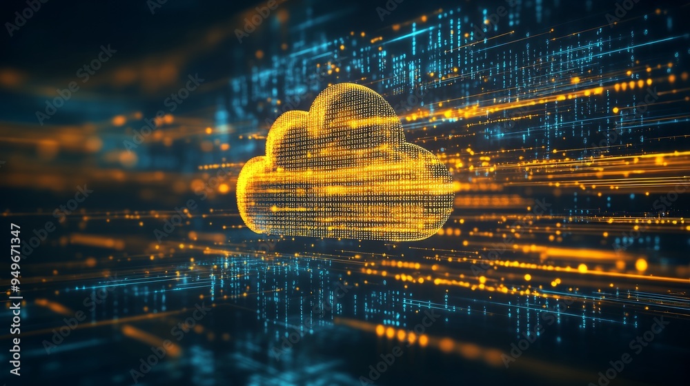Poster digital informational technology web futuristic hologram with cloud icon, blue golden light digits a