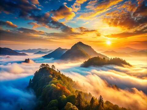 ethereal fusion dawn misty mountainside w&w initials intertwined foggy morning vibrant blue orange warm golden light subtle gradient