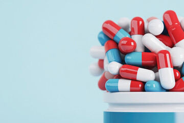 Vibrant assortment of red and blue capsules spilling from a white pill bottle, set against a soft blue background, representing health and wellness.