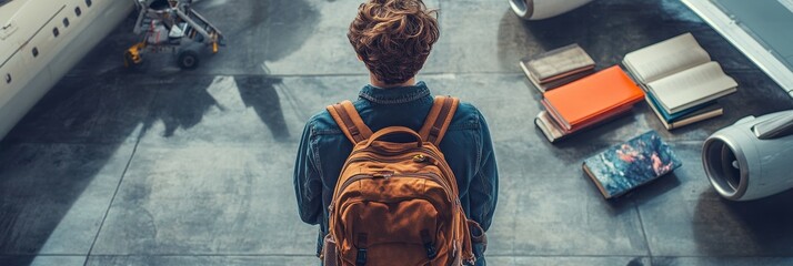 A young person stands with their back to the camera, a backpack filled with books, symbolizing a thirst for knowledge and a journey of exploration.  The plane in the background represents the destinat