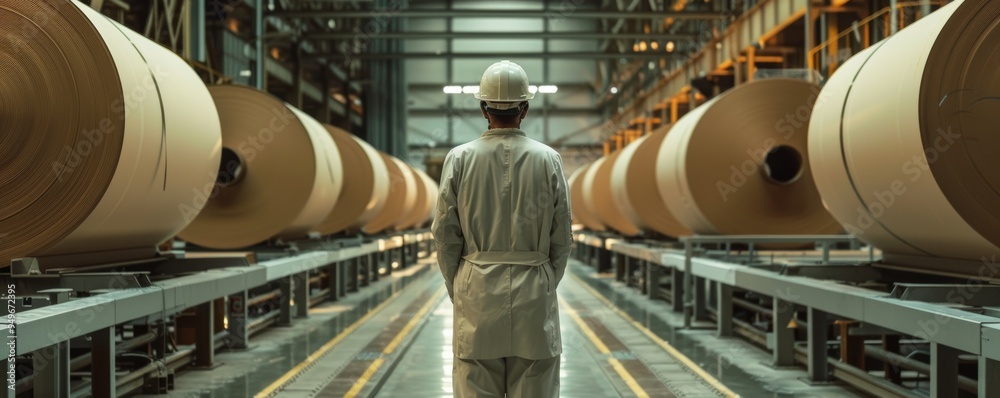 Poster worker in white uniform standing in paper mill with large rolls of paper