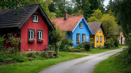 Charming colorful cottages line a tranquil path surrounded by lush greenery on a sunny day in the countryside