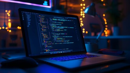 Complex Programming Code Snippets on a High Tech Laptop Displayed in a Programmer s Workspace