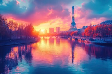 Fototapeta na wymiar Eiffel Tower at Sunset Reflected in the Seine River
