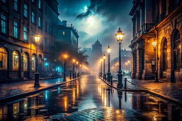 Fototapeta premium moody dramatic foggy night cityscape mysterious atmosphere cinematic mood dark shadows bright streetlights misty mysterious puddles reflections