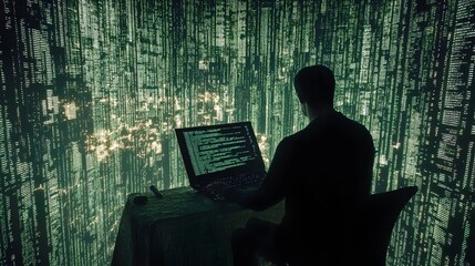 Developer Writing HTML Code Against Matrix Style Green Background with Hacker Like Aesthetic
