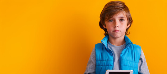 Schoolboy in Blue Vest Holding Tablet Against Orange Background for Technology Education Concept