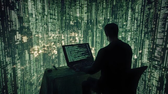 Developer Writing HTML Code Against Matrix Style Green Background with Hacker Like Aesthetic