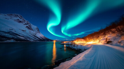 Glowing aurora borealis over a snowy landscape, capturing the magic of the northern lights, winter glowtime, breathtaking and ethereal