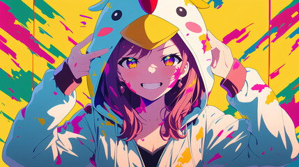 cute chicken character wearing anime onesie costume, anime style, cute kawaii, simple, smiling happy. neon psychedelic background
