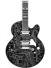 Naklejka premium A guitar design featuring a circuit board pattern, blending music and technology.