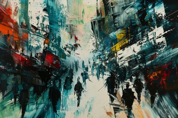 Multiple individuals walking down a bustling city street amidst buildings and traffic, The chaotic aftermath of financial collapse rendered in chaotic brush strokes